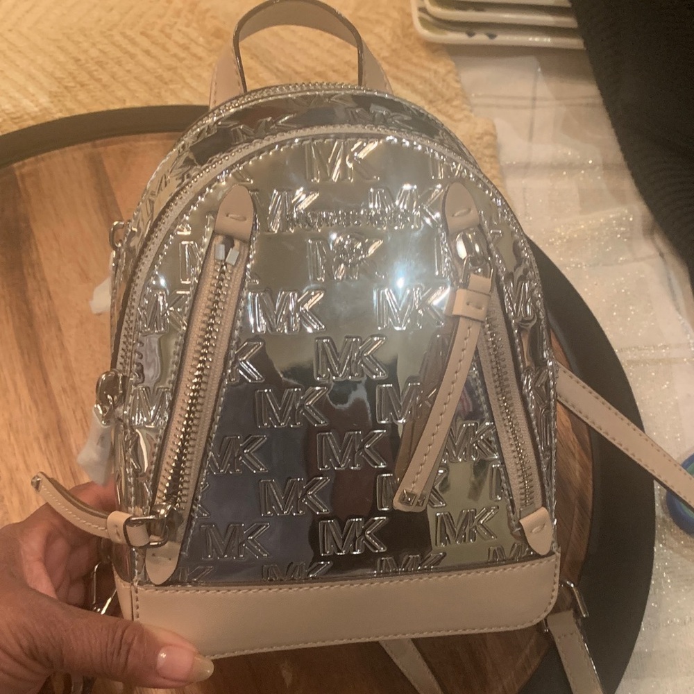 Michael Kors Metallic Silver and Beige Backpack
